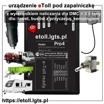 eToll OBU device with a switch for trucks, passenger cars and buses with a trailer or camping, installation in a cigarette lighter